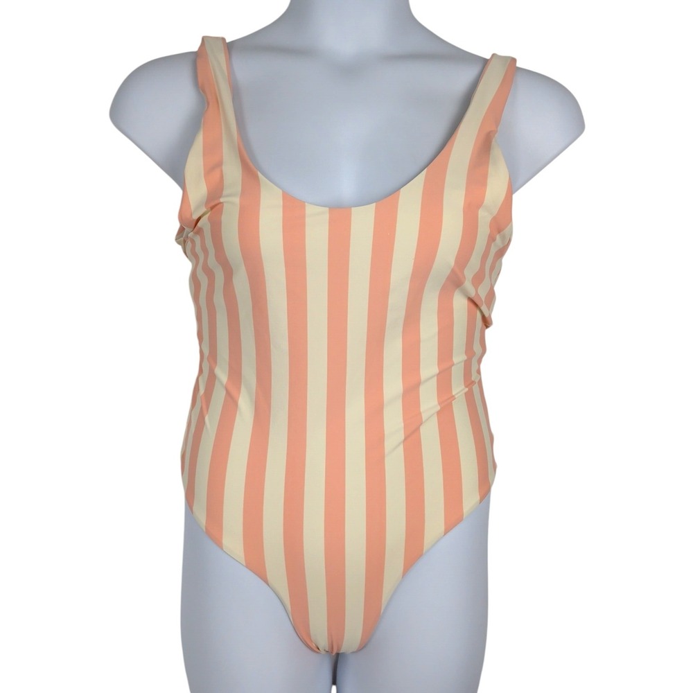 Striped Peach Coral Cream One Piece Swimsuit Scoop Back Size‎ Large